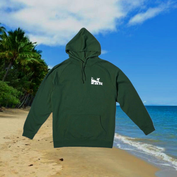 A blessed Zak hoodie, floating over a Queensland beach.