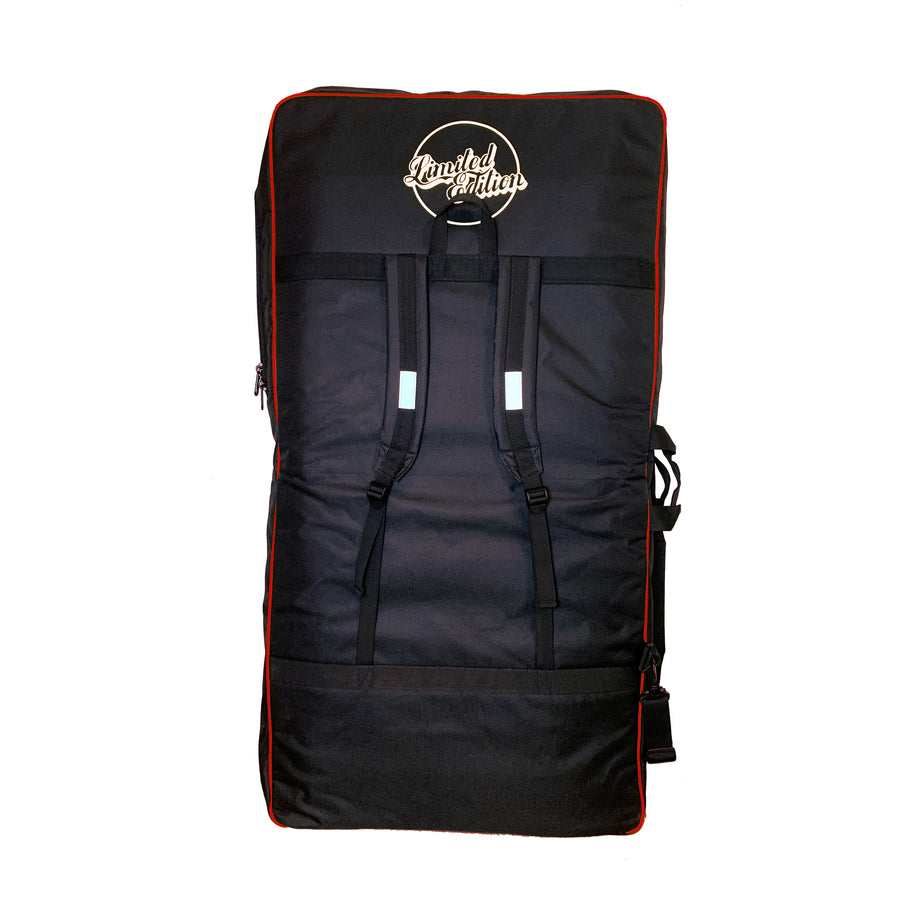 Black deluxe padded surfboard travel bag with red trim and backpack straps, Melbourne Surfboard Shop