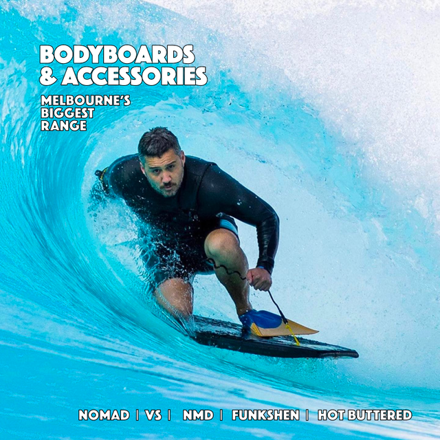 Dude riding a curling wave at URBN Surf on his Bodyboard, Melbourne Surfboard SHop has the biggest range of Boogie and Bodyboards and accessories