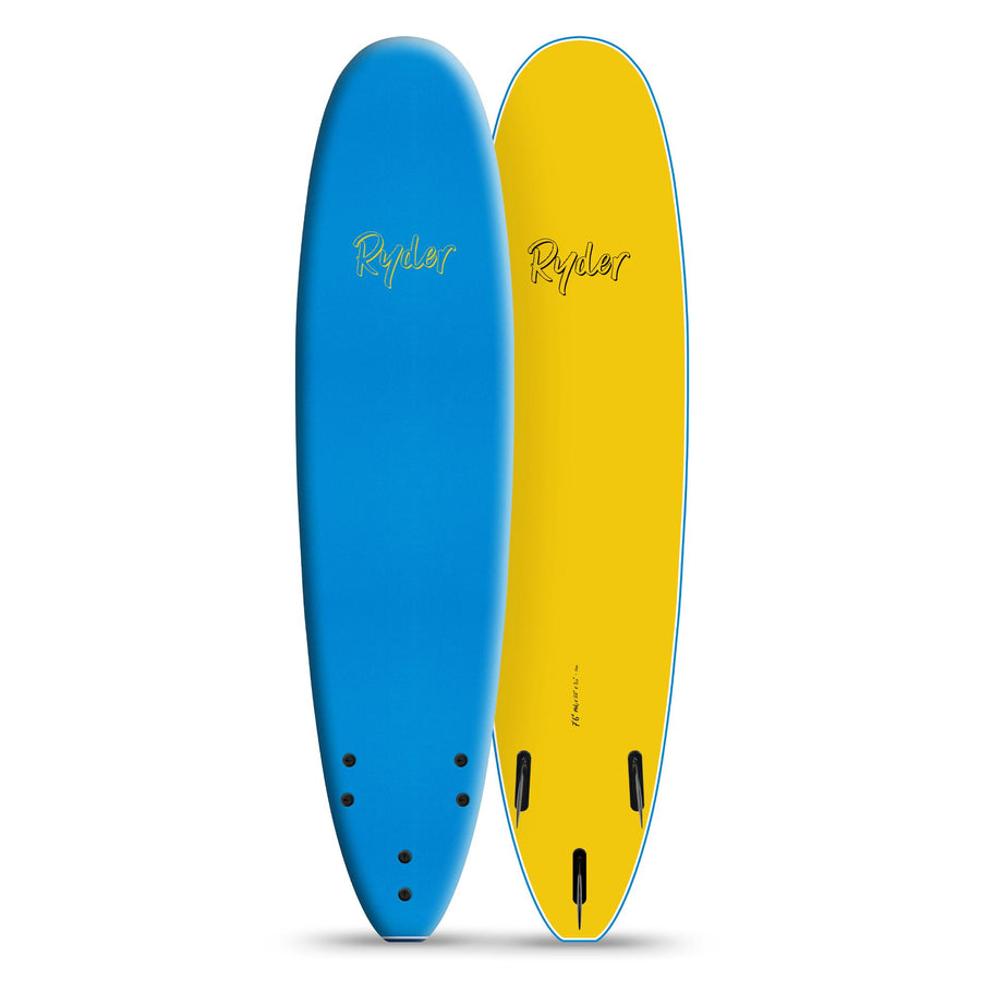 Blue and yellow Ryder surfboards on white background at Melbourne Surfboard Shop