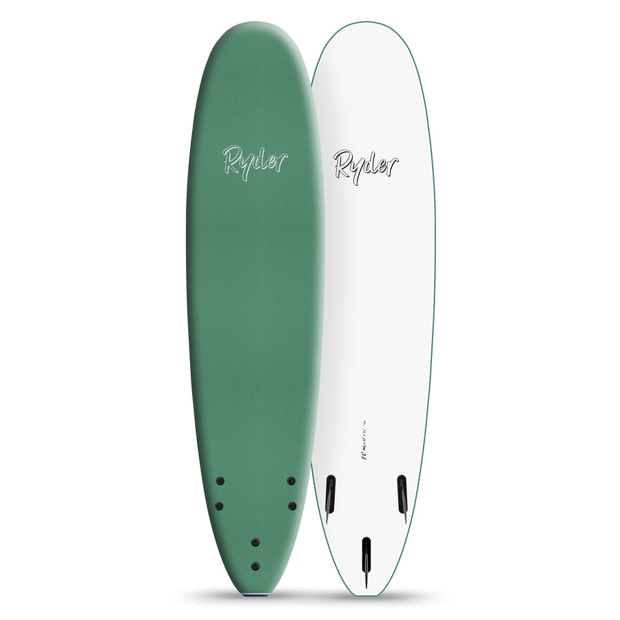 Green and white Ryder soft top surfboard with fins, displayed upright for Melbourne Surfboard Shop