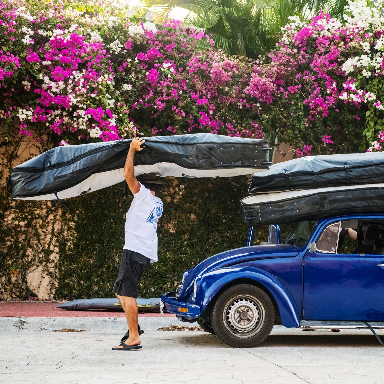 Carrying a bunch of longboard, shortboard, funboard and fishboard surfboards in a Volskwagen beetle with FCS board bags.  Photo by Ryan Miller