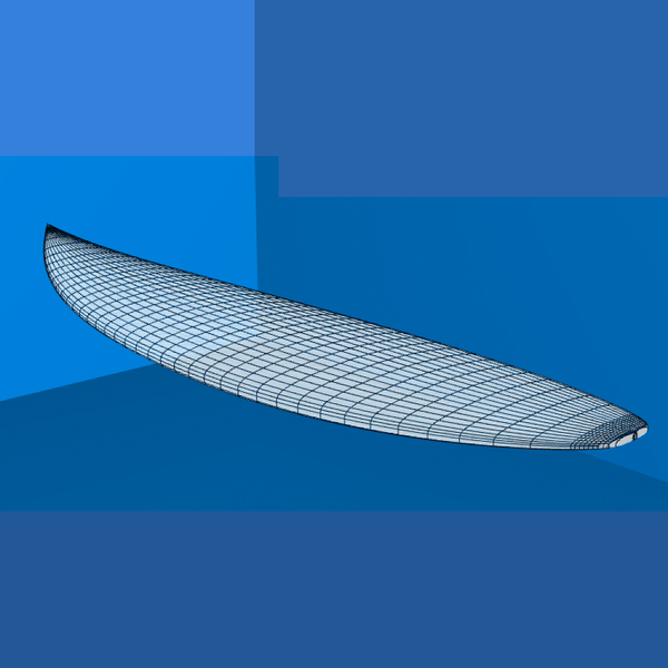 The 3D render of a surfboard in the AKU shaper program
