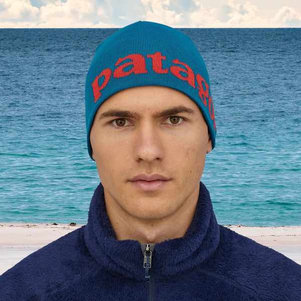 Patagonia beanie at the beach because it might be chilly, but get a cap just in case you need some sun protection aye.