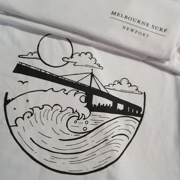 Melbourne Surfboard Shop t-shirt design with the Westgate Bridge in the background.