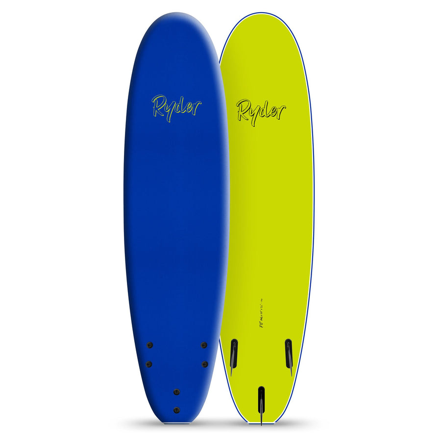 Blue and yellow Ryder soft surfboards with fins, displayed upright on white background, Melbourne Surfboard Shop