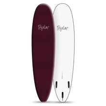 Ryder soft top surfboard with maroon deck and white underside, displayed at Melbourne Surfboard Shop