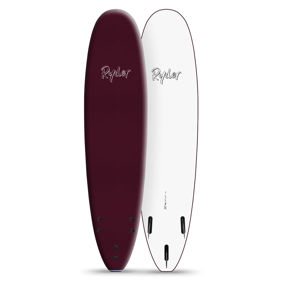 Ryder soft top surfboard with maroon deck and white underside, displayed at Melbourne Surfboard Shop