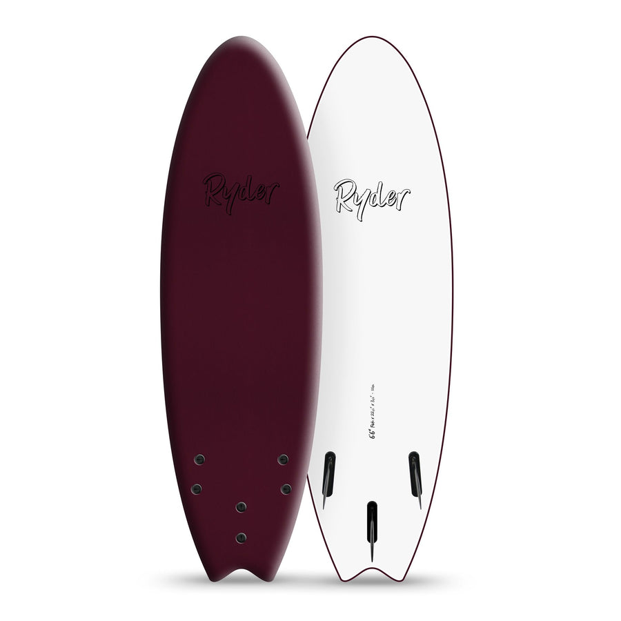 Ryder fish tail surfboard in maroon and white from Melbourne Surfboard Shop, twin fin design