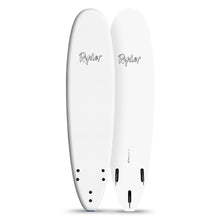 Ryder white surfboard with black logo, twin fin setup, at Melbourne Surfboard Shop