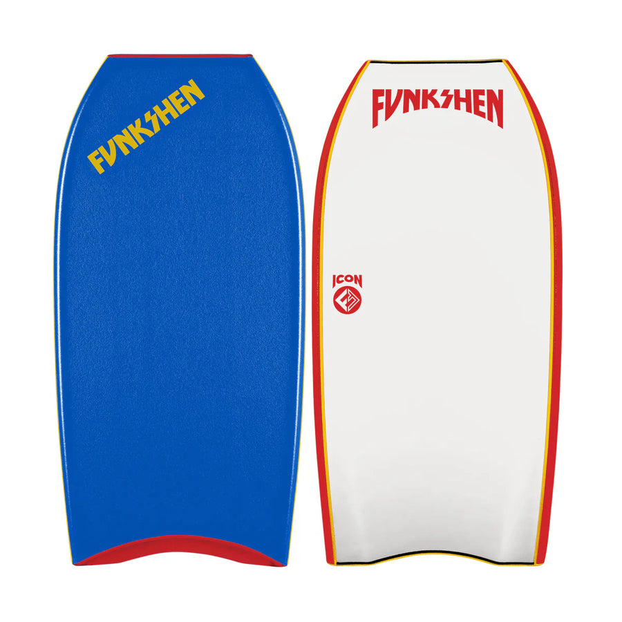 Funkshen Icon bodyboards with blue deck, white slick, yellow and red rail, Melbourne Surf Shop