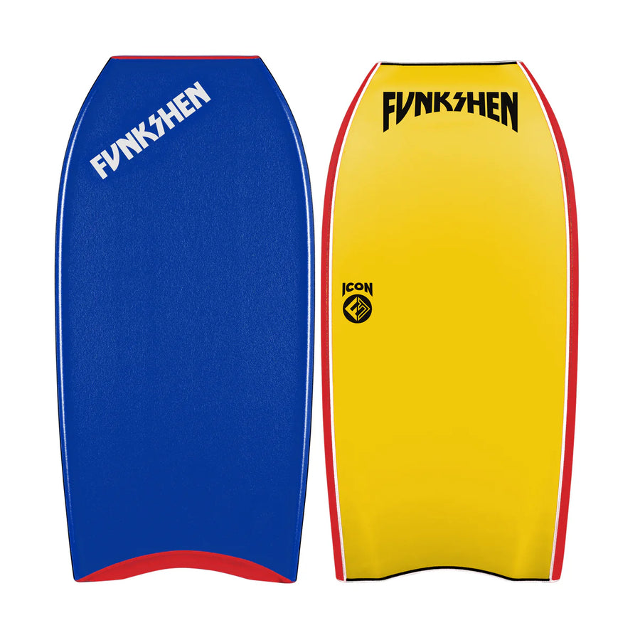 Funkshen Icon bodyboards in blue and yellow, surf hardware at Melbourne Surfboard Shop