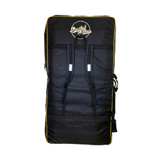 Black surfboard travel bag with yellow trim, backpack straps, and Limited Edition logo