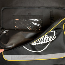 Deluxe padded surfboard cover in black with yellow trim, zippered pocket and logo detail