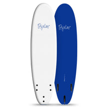 Ryder soft surfboards, white and blue, with fins, displayed upright at Melbourne Surfboard Shop.