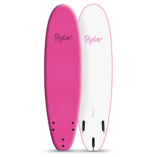 Ryder pink and white soft top surfboard with fins, displayed upright, Melbourne surf shop product