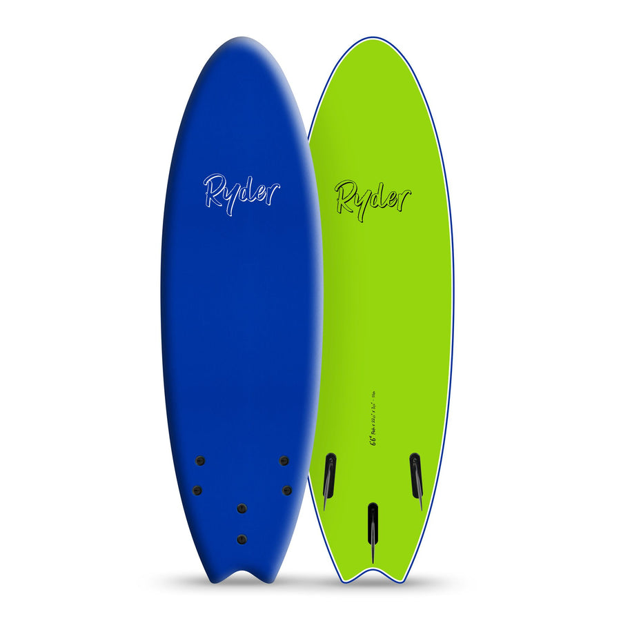 Blue and green Ryder surfboards with twin fin setup at Melbourne Surfboard Shop