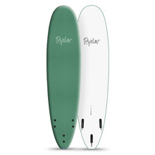 Green and white Ryder soft top surfboard with fins, displayed upright for Melbourne Surfboard Shop