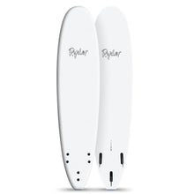 White Ryder surfboards with tri-fin setup, displayed upright at Melbourne surfboard shop