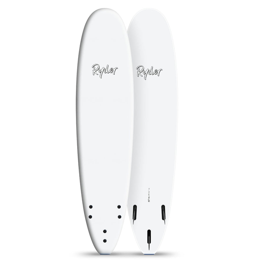 White Ryder surfboards with tri-fin setup, displayed upright at Melbourne surfboard shop