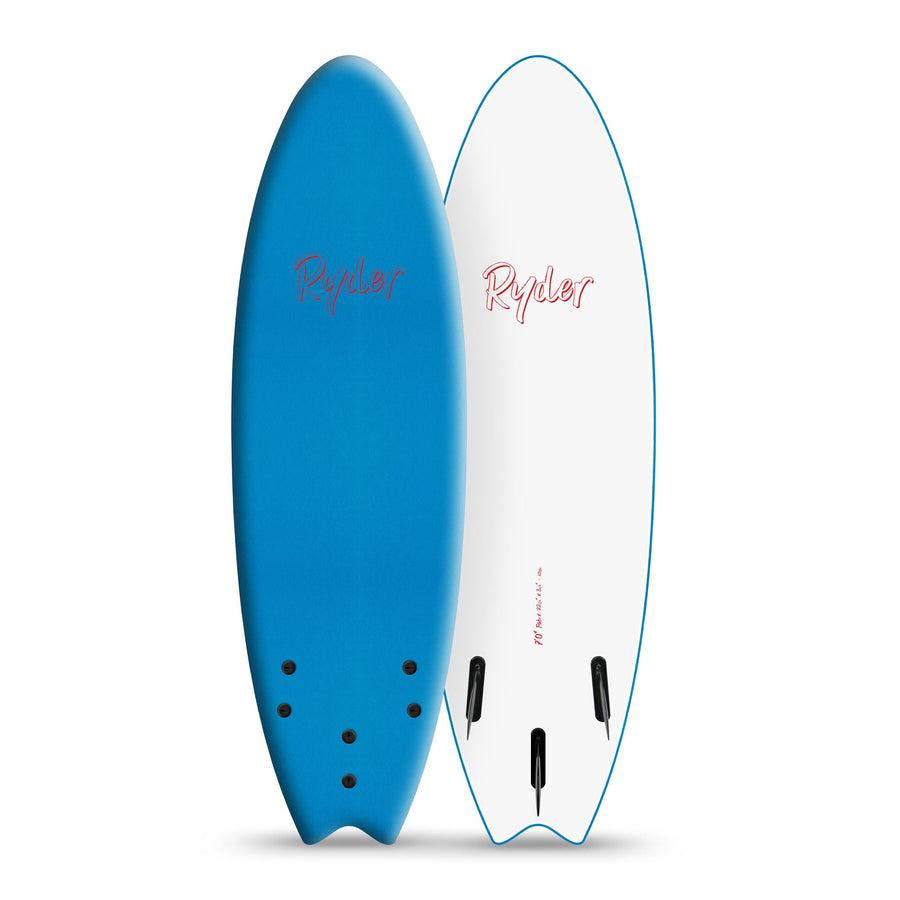 Blue and white Ryder surfboard with quad fin setup, displayed at Melbourne Surfboard Shop