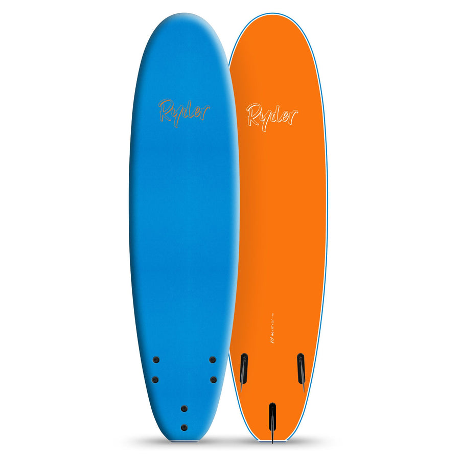 Blue and orange Ryder surfboards with fins, displayed upright, Melbourne Surfboard Shop