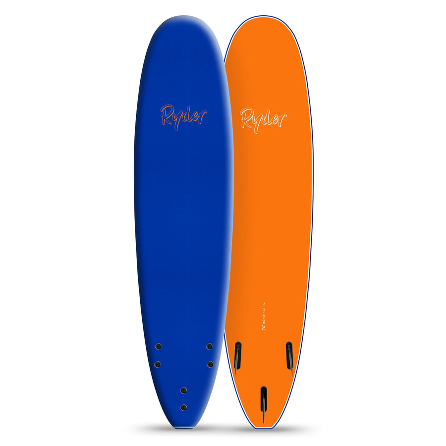 Blue and orange Ryder soft surfboards displayed upright, surf hardware at Melbourne Surfboard Shop