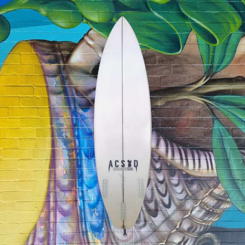 (#2303) ACSOD White Ferrari 6'0" x 19" x 2 3/8" 28.3L Futures Second Hand Surfboards Acsod 