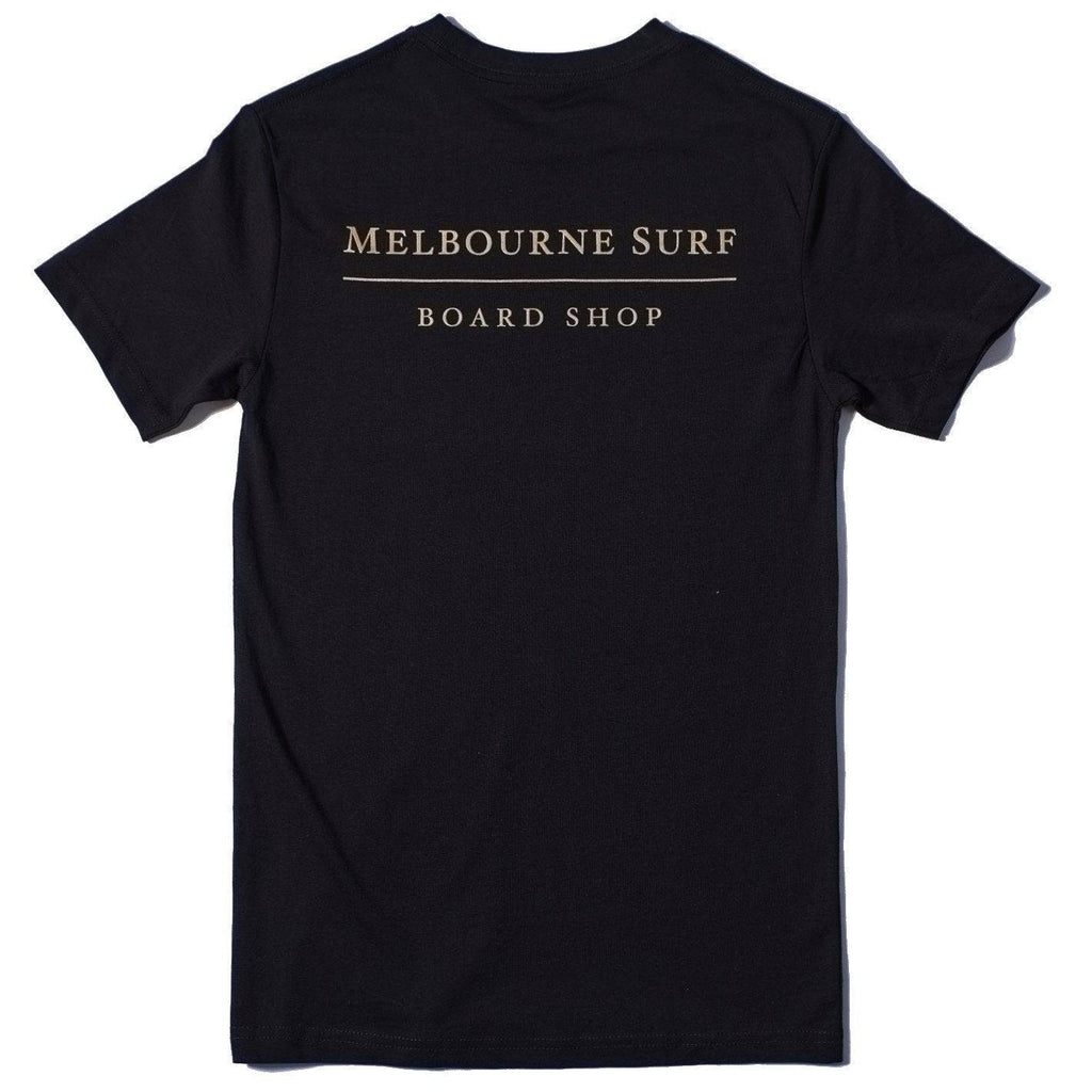Apparel - Melbourne Surfboard Shop - Melbourne Surf Board Shop T-Shirt Black - Melbourne Surfboard Shop - Shipping Australia Wide | Victoria, New South Wales, Queensland, Tasmania, Western Australia, South Australia, Northern Territory.