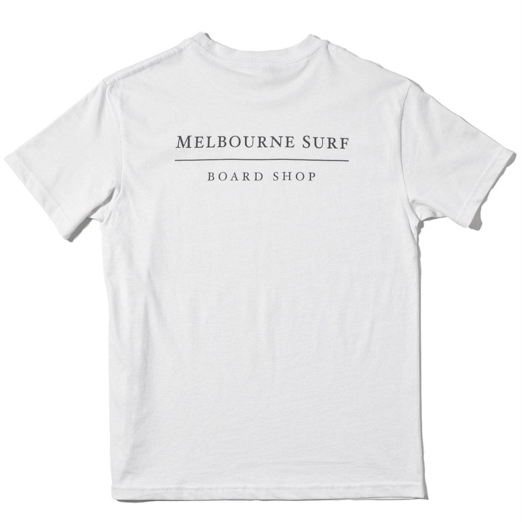 Apparel - Melbourne Surfboard Shop - Melbourne Surf Board Shop T-Shirt White - Melbourne Surfboard Shop - Shipping Australia Wide | Victoria, New South Wales, Queensland, Tasmania, Western Australia, South Australia, Northern Territory.